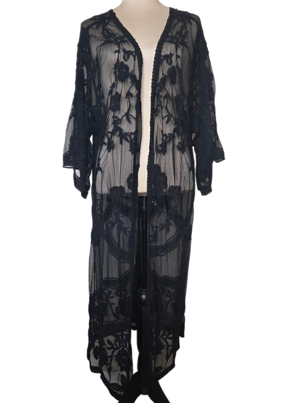 Dizzire Black Embroidered Mesh Maxi Duster XL Whimsigoth Dark Fairy Witchy